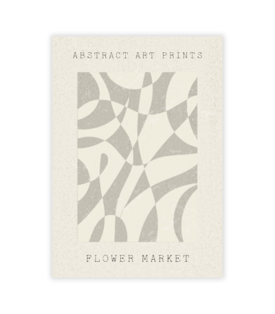 Le radiateur infrarouge impression Paradise présente une impression d'art abstrait minimaliste avec des formes courbes grises et blanches, le texte au-dessus indiquant ABSTRACT ART PRINTS, en dessous FLOWER MARKET, le tout sur un fond beige texturé.