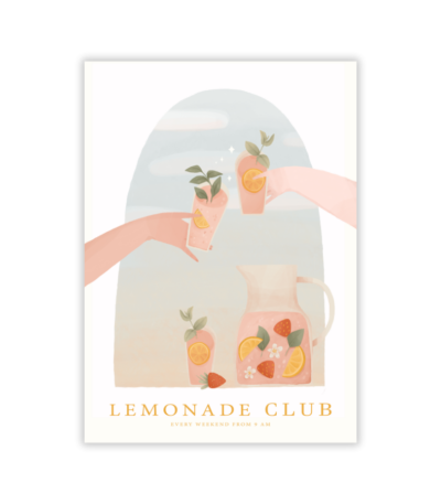 Illustration de deux mains tenant des verres de fruits et de menthe au-dessus d'un pichet rempli de tranches de citron, d'orange et de fraise. Texte ci-dessous : Radiateur Infrarouge Impression Paradise. Tous les week-ends à partir de 9 h.