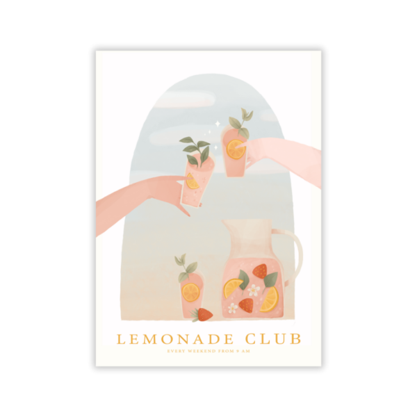 Illustration de deux mains tenant des verres de fruits et de menthe au-dessus d'un pichet rempli de tranches de citron, d'orange et de fraise. Texte ci-dessous : Radiateur Infrarouge Impression Paradise. Tous les week-ends à partir de 9 h.