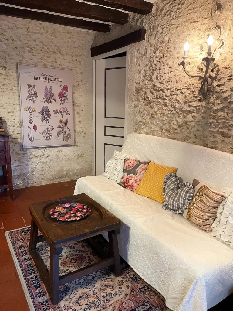 Radiateur imprimé botanique dans un salon aux murs en pierre