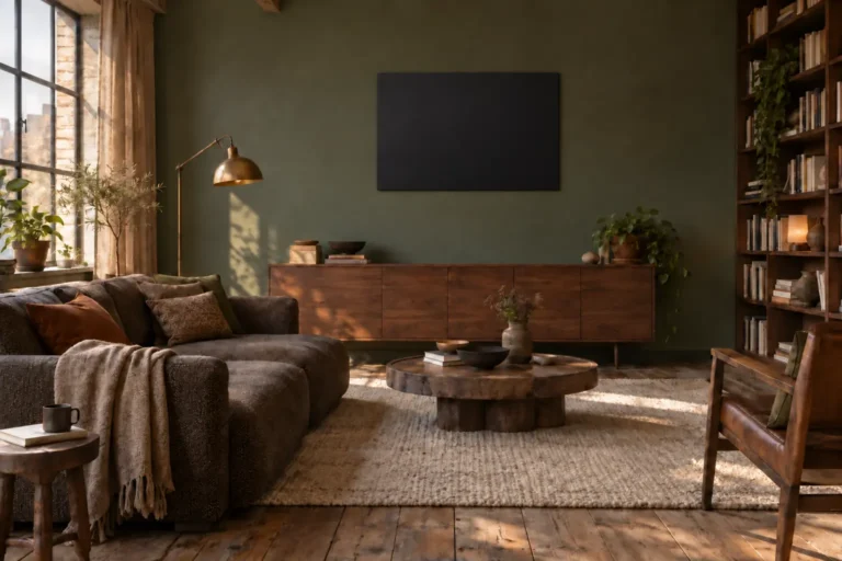 Radiateur FULKORN noir mat horizontal, installé en hauteur dans un salon contemporain