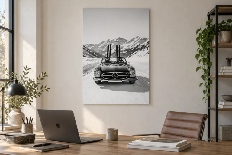 Radiateur FULKORN imprimé avec une Mercedes ancienne, intégré dans un bureau contemporain