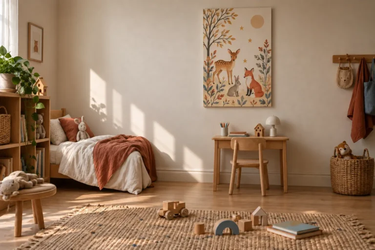 Radiateur FULKORN imprimé, installé à distance du lit dans une chambre d’enfant chaleureuse